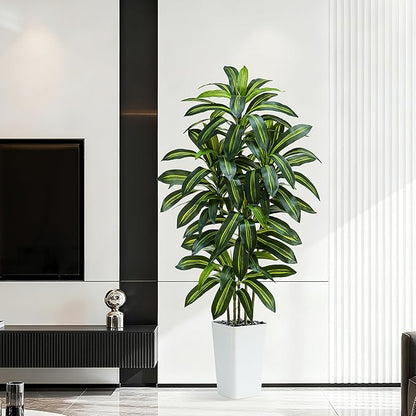 Artificial Dracaena Tree：6FT Faux Silk Tropical Yucca Floor Trees Realistic Fake Green Plant with Natural Wood Trunk & Lifelike Leaves for Home Office Decor Indoor & Outdoor (6FT,1-Pack,White)