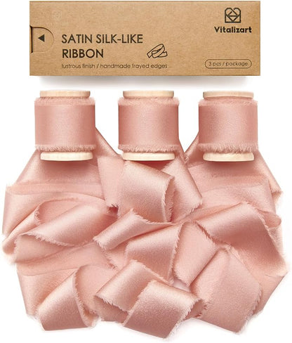 Vitalizart Pink Silk Satin Ribbon 1 Inch x 15 Yard Wooden Spool Handmade Frayed Ribbon for Gift Wrapping Baby Shower Wedding Bridal Bouquets Holiday Decor 3 Rolls x 5 Yard