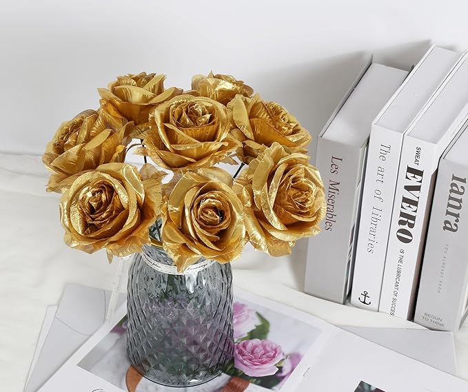 20pcs Gold Roses Artificial Flowers Fake Roses Real Looking Silk Flowers Bulk Big Faux Flowers with Stems for Wedding Centerpieces Table Home Party Decoration Bridal Floral Arrangement (Gold)