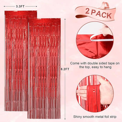 2 Pack Laser Red Foil Fringe Backdrop Curtains, Tinsel Streamers Birthday Party Decorations, Fringe Backdrop for Graduation, Baby Shower, Gender Reveal, Disco Party