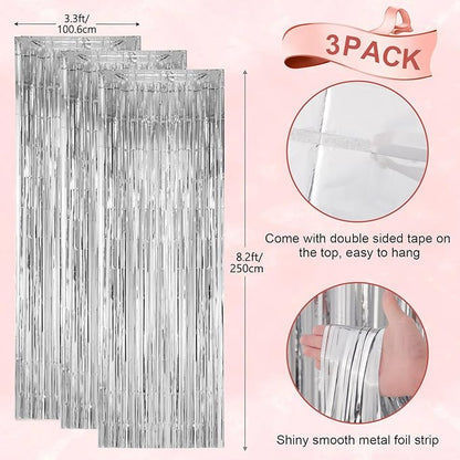 3 Pack 3.3x8.2 Feet Silver Foil Fringe Backdrop Curtains, Tinsel Streamers Birthday Party Decorations, Fringe Backdrop for 2025 New Years Eve, Graduation, Baby Shower, Gender Reveal