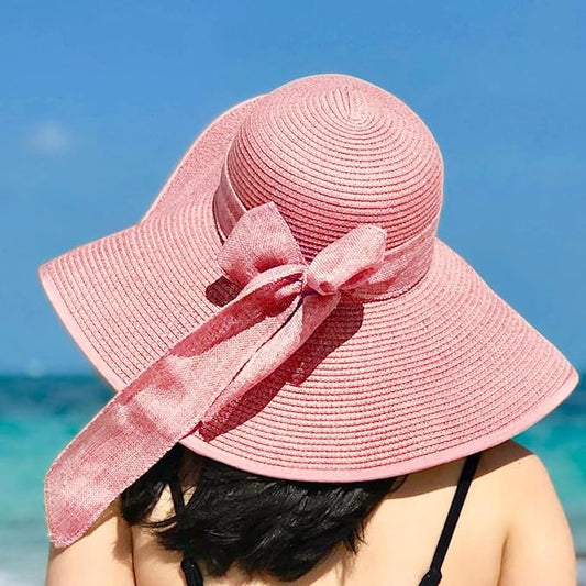 DRESHOW Beach Hats for Women Big Straw Wide Brim Summer Hat Floppy Foldable Roll up Cap Sun Hat UPF 50+