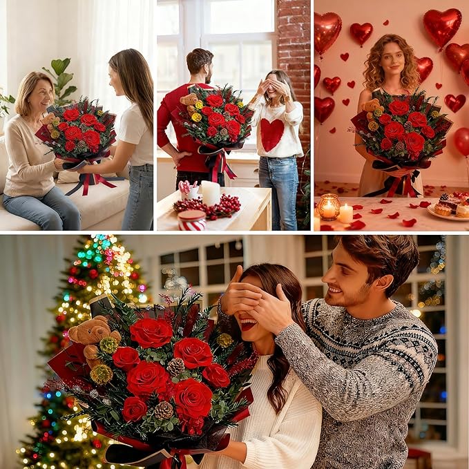 HUACHIPLUS Preserved Bouquet with Bear: Big Flowers Big Love-Romantic Gifts for Her Wife Girlfriend Mom-Flowers for Delivery Prime on Christmas Valentines Day Anniversary Mothers Day Birthday (Red1)