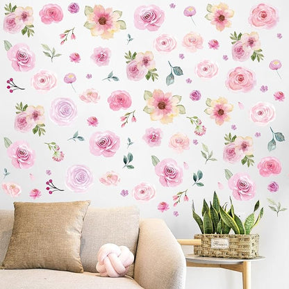 AOWDIAO 60 Pcs Flower Peel and Stick Wall Decals Watercolor Vinyl Peony Floral and Leaves Wall Stickers Pastel Flower Decor for Girls Bedroom Nursery Classroom Living Room
