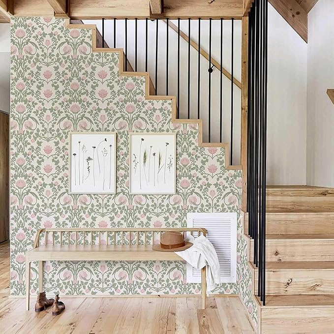 Peel and Stick Wallpaper Pink Floral Damask Wallpaper for Bedroom Decorative Self Adhesive Shelf Drawer Liner