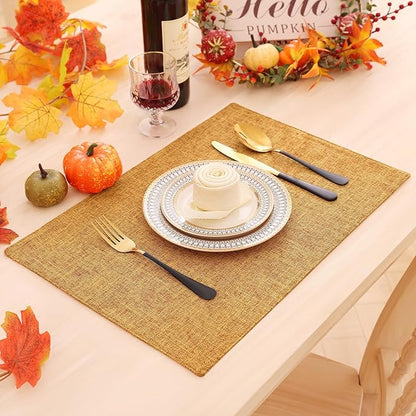 Homaxy Cloths Placemats for Dining Table Set of 8, Heat Resistant Washable Cotton Linen Blend Table Mats, Ideal for Kitchen Party Dining Decoration, 13" x 19", Amber