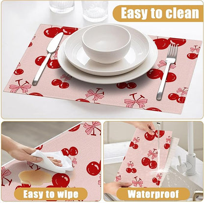 Red Cherry Bow Placemats Set of 6, Linen Place Mat Washable Stain Resistant Table Mats for Farmhouse Kitchen Dining Holiday Party Wedding Decor 12x18 Inch