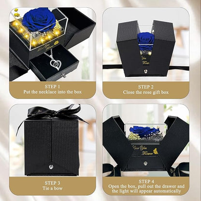 Preserved Real Rose-Eternal Flowers Blue Rose Gifts for Women Her Mom Wife Girlfriend on Valentines Mothers Day with I Love You Necklace 100 Languages Engraved Acrylic Block Puzzle Piece