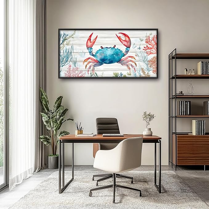 Crab with Coral Large Decor Framed Wall Art Ocean Pictures for Living Room, Nautical Oversized Canvas Print Painting Modern Extra Large Framed Artwork for Bedroom Office Home Decor 60"x30"