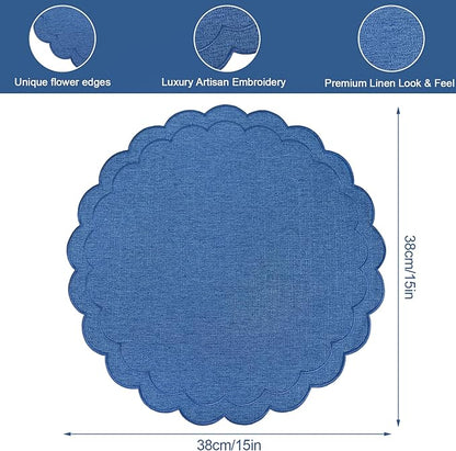 Set of 6 Dark Blue Cotton Linen Placemats, 15x15 Scalloped Flower Embroidery Cloth Table Mats Double Layered Fabric Machine Washable Wrinkle Free Dining Placemat for Hotel Restaurant Kitchen Decor