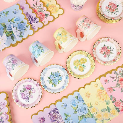 40 Set Floral Tea Cups and Saucers Disposable Tea Party Supplies Colorful Flower Teacups with Handle and Paper Napkins Dinnerware Set for Floral Theme Tea Party Birthday Wedding Bridal Shower Supply