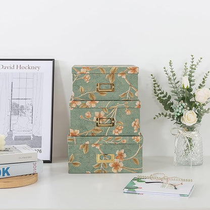 Soul & Lane Decorative Cardboard Storage Boxes - Set of 3 Square Stacking Boxes with Lids and Gold Label Holders, Nesting Photo Storage for Decor and Organizing, Botanical Sage