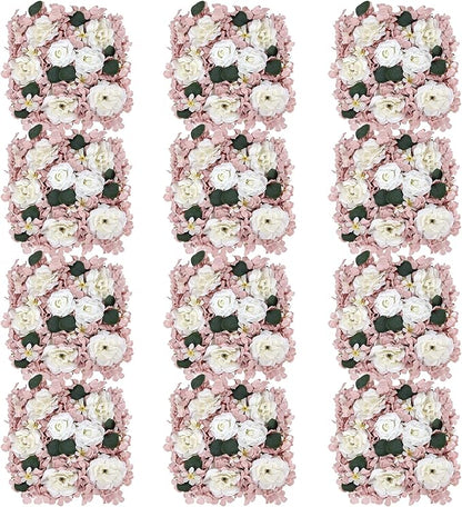 Pack of 12 Artificial Silk Flower Panels, Faux Floral Wall Background for Wedding Party Engagement Bridal Shower Arrangement Home Decorations - Dusty Pink & White