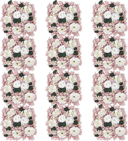 Pack of 12 Artificial Silk Flower Panels, Faux Floral Wall Background for Wedding Party Engagement Bridal Shower Arrangement Home Decorations - Dusty Pink & White