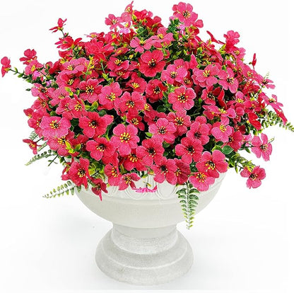 Artificial Faux Plants Flowers Outdoor Decoration,16 Bundles Fake Silk Colorful Daisy Eucalyptus Realistic UV Resistant for Outside Home Planter Porch Patio Yard Decor (Red)