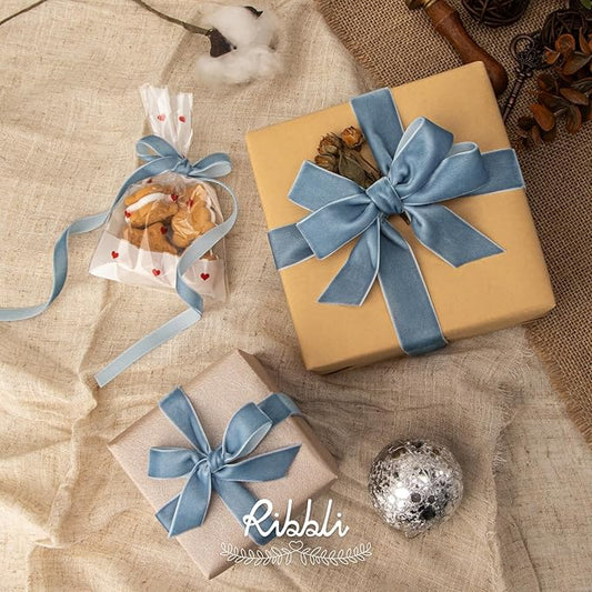 Ribbli Dusty Blue Velvet Ribbon 3/8 Inches Continuous 25 Yard Spool Dusty Blue Christmas Ribbon for Gift Wrapping Crafts Home Decor