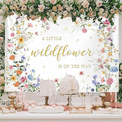 MEHOFOND 7x5ft Wildflower Baby Shower Decorations Banner A Little Wildflower is On The Way Baby Shower Backdrop Floral Theme Baby Girls' New Born Photoshoot Background