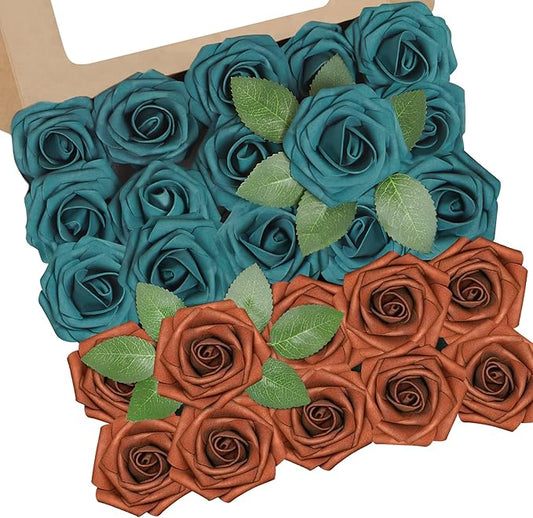 Artificial Flowers, 25pcs Artificial Rose for DIY Wedding Bouquets Centerpieces Arrangements, Terracotta and Dark Teal Foam Roses with Stem for Party Home Decorations
