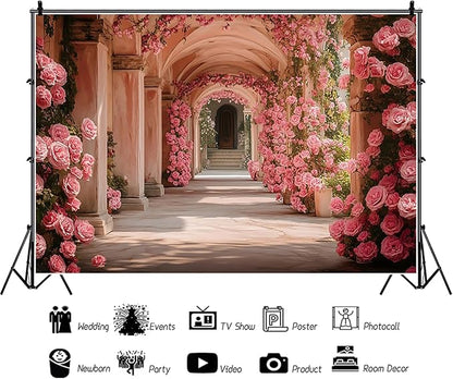 Baocicco 5x3ft Pink Flowers Backdrops for Photoshoot Rose Arch Corridor European Carving Wall Photo Background for Women Bridal Shower Birthday Marriage Valentines Mothers Day Backdrop Decorations