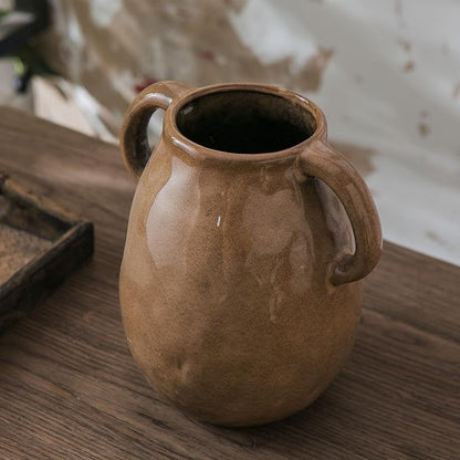 Brown Ceramic Vase with 2 Handles for Modern Farmhouse Home Decor, Vintage Rustic Decorative Vases, Small Vase for Fresh and Dried Flowers, Centerpiece Table Decorations, 7 Inch