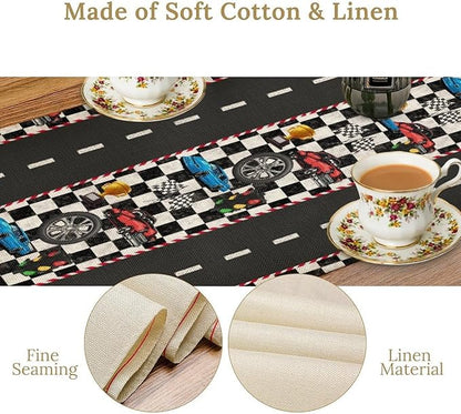 Race Car Table Runner,Checkered Flag Black and White Race Cars Pattern Print Tablecloth Burlap for Hotel Indoors Outdoor Dining Room Kitchen Home Decor,W13X L80 in