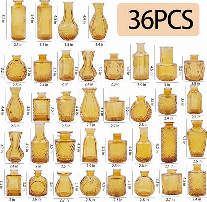 36Pcs Glass Bud Vases Set, Small Flower Vintage Vases for Centerpieces, Mini Vase in Bulk for Rustic Wedding, Party, Birthday Party, Festival Table Decorations and Home Decor, Amber