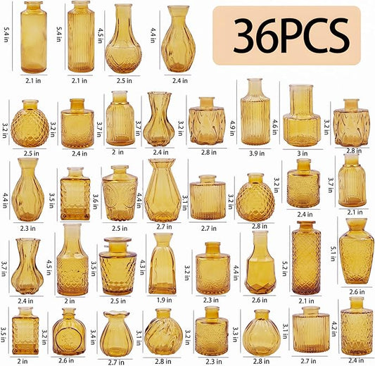 36Pcs Glass Bud Vases Set, Small Flower Vintage Vases for Centerpieces, Mini Vase in Bulk for Rustic Wedding, Party, Birthday Party, Festival Table Decorations and Home Decor, Amber