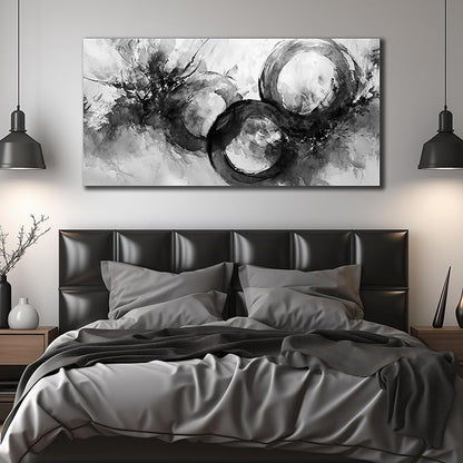 JuhaiArt White Wall Decor Art for Living Room Office Abstract Canvas Wall Art Black Circle Picture Art 29" x 59" Large Modern Poster Artwork