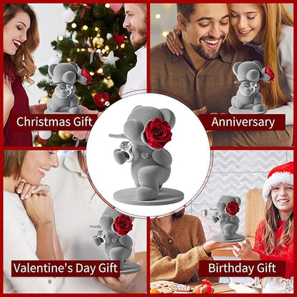 JoyFlower Cute Teddy Bear with Preserved Flowers, Eternal Real Red Rose with Promise Ring Gifts with Gift Box for Girlfriend Wife Women Her in Birthday Christmas, Valentine's, Weddings, Anniversary
