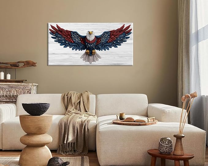IDAFU Bald Eagle Canvas Wall Art USA Eagle Wall Décor -Patriotic Red Blue Flag Painting,USA Independence Day & 4th of July Décor,Ready to Hang for Living Room, Bedroom, Office, Dorm 58L x28W