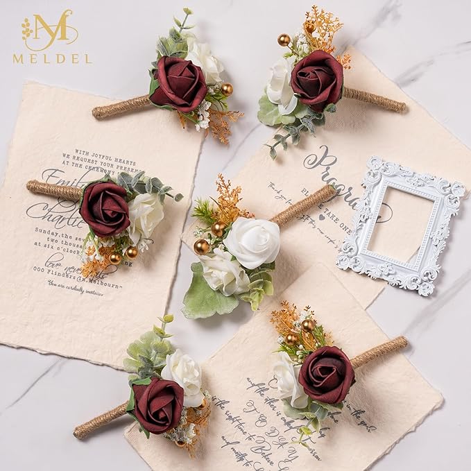 Meldel Boutonniere for Men Wedding,Set of 6,Groom and Groomsman Boutonniere for Wedding,Greenery Rose Corsage for Men Ceremony Anniversary Party Prom Homecoming,Burgundy White