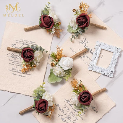 Meldel Boutonniere for Men Wedding,Set of 6,Groom and Groomsman Boutonniere for Wedding,Greenery Rose Corsage for Men Ceremony Anniversary Party Prom Homecoming,Burgundy White