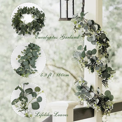 SOMYTING Artificial Eucalyptus Garland with White Flowers 4 Packs 5.9Ft Silver Dollar Eucalyptus Vine Faux Leaves Vine Greenery Garland for Table Wedding Arch Mantle Room Decor (4PCS)