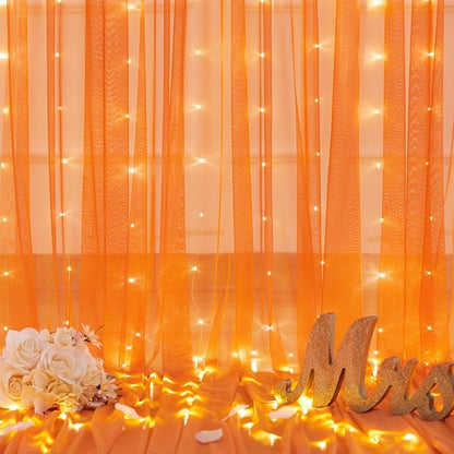 10ft x 8ft Orange Tulle Photo Backdrop Curtain with Lights String for Halloween Party Orange Sheer Curtain Backdrop Drapes for Birthday Party Wedding Photo Booth Background Home Room Decorations