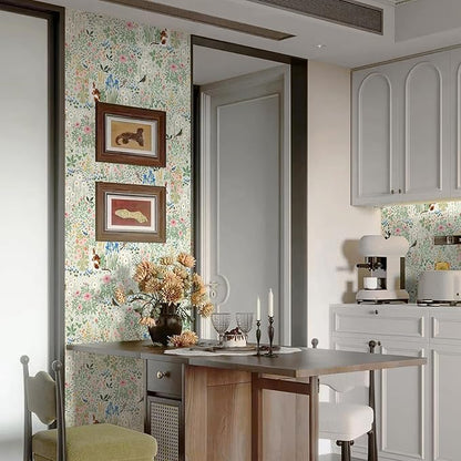 Heroad Floral Peel and Stick Wallpaper Light Green Wallpaper Boho French Country Contact Paper Cat Birds Removable Self-Adhesive Wall Paper for Bedroom Kitchen Cabinets Decoration Vinyl 17.3”x393”