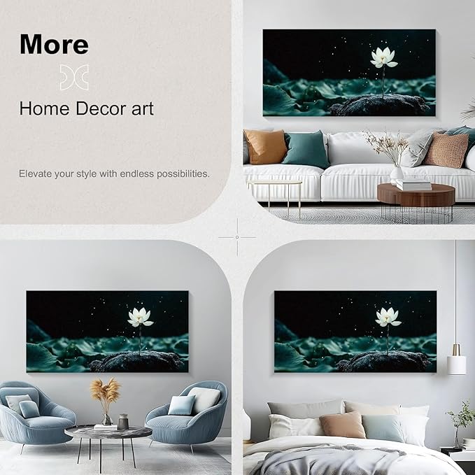 Iallbin Buddha Wall Art & Zen Wall Decor, White Lotus on Water Canvas Painting - for Yoga Meditation Room, Spa & Bathroom, Blue Art Deco Style, 58x29 Inches