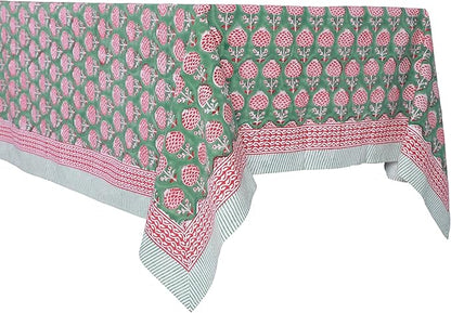 ATOSII Roma Green100% Cotton Rectangle Summer Tablecloth, Block Print Floral Linen Table Cloth for Dining Table Parties Wedding Outdoors I Grand Millennial Decor 60 X 90 Inches 6 Seater I Memorial Day