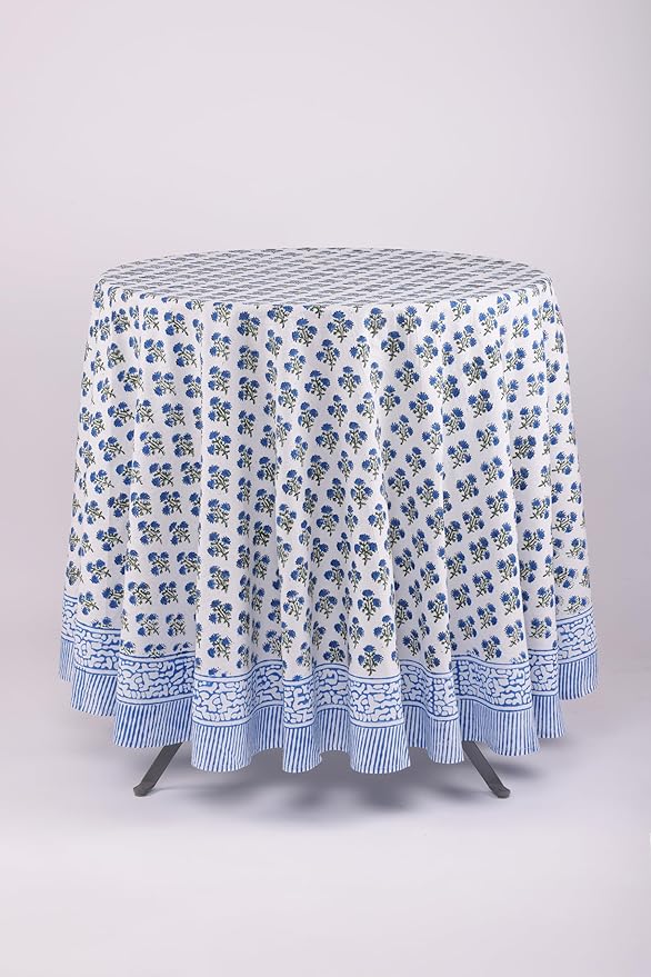ATOSII Gulbahar Blue 100% Cotton Fall Round Tablecloth, Handblock Print Floral Table Cloth for Kitchen Dining Linen I Thanksgiving, Christmas, Weddings, Outdoors, Parties I 90" Inches Diameter