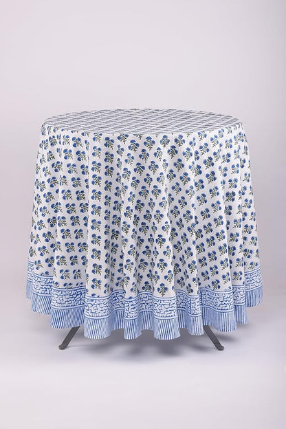 ATOSII Gulbahar Blue 100% Cotton Fall Round Tablecloth, Handblock Print Floral Table Cloth for Kitchen Dining Linen I Thanksgiving, Christmas, Weddings, Outdoors, Parties I 90" Inches Diameter