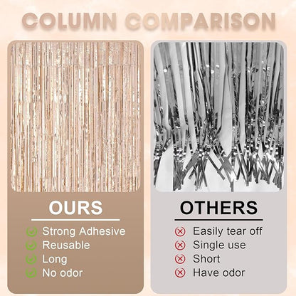 2 Pack Laser Champagne Foil Fringe Backdrop Curtains, Tinsel Streamers Birthday Party Decorations, Fringe Backdrop for Graduation, Baby Shower, Gender Reveal, Disco Party