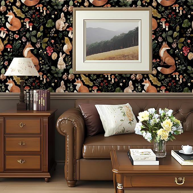 Vintage Fox Rabbit Mushroom Peel and Stick Wallpaper Removable Whimsical Botanical Leaf 17.7" x 236.22" Wall Paper Watercolor Self Adhesive Contact Paper for Classroom Bedroom laundry room bathroom