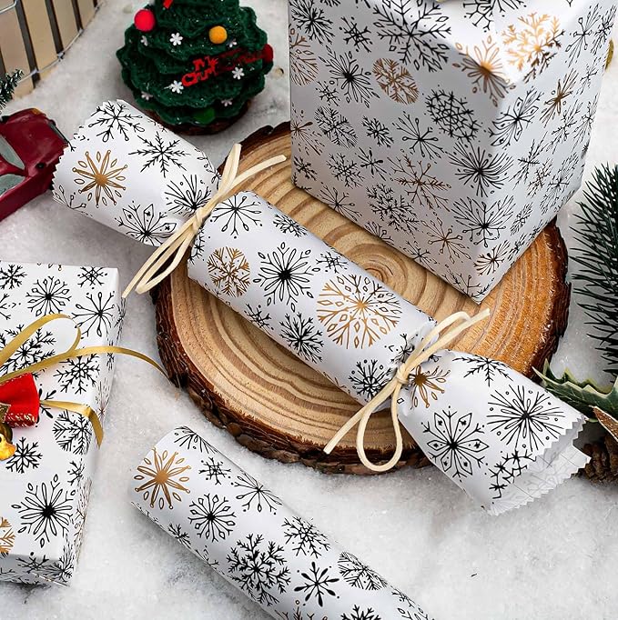 MAYPLUSS Christmas Gift Wrapping Paper Roll - 17 Inch X 33 Feet - Minimalistic Elegant Snowflake Flurry with Gold Design Winter Holiday Gift Wrap Sheet for Party, DIY Crafts & Festive Decoration