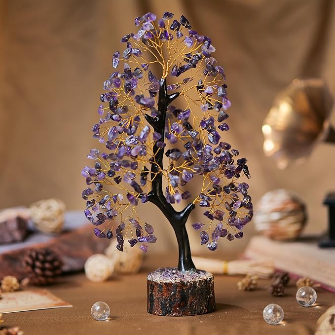 Amethyst Crystal Tree, Healing Crystals, Reiki Gemstone, Tree Life, Wood Base Office Desk Room Feng Shui Home Decor Spiritual Energy Meditation Gift for Women Men, Purple Crystals and Stones Tree