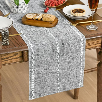 Artoid Mode Dark Grey Rustic Cotton Linen Table Runner, Seasonal Embroidered Hollow Kitchen Dining Table Decoration for Home Party Decor 13x36 Inch