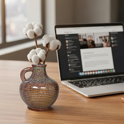 Sunddo Brown Ceramic Vase 6 Inch - Small Rustic Decorative Vase with 1 Handle, Rustic Farmhouse Decor, Bedroom, Bathroom, Bookshelf, Mantel, Coffee Table Decor