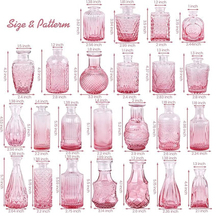 Pink Glass Bud Vase Set of 24, Small Flower Vases for Centerpieces in Bulk, Mini Vintage Vase for Wedding Decor, and Home Table Décor