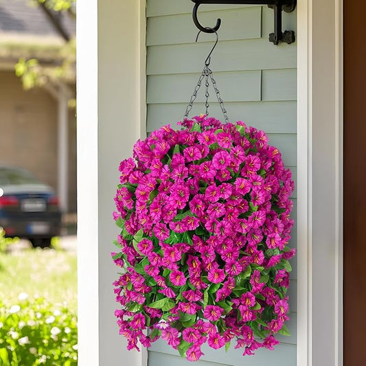 Artificial Faux Hanging Flowers Basket for Spring Summer Outdoor Porch Decoration, Fake Silk Colorful Morning Glory Eucalyptus in Planter UV Resistant for Home Balcony Yard(Red Purple)