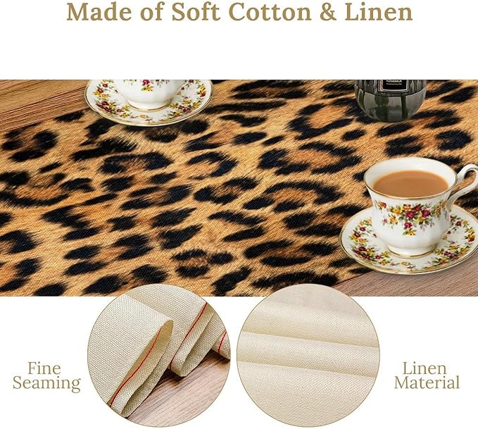 Leopard Skin Print Table Runner, Vintage Cottage Country Farmhouse Wildlife Brown Safari Animal Skin Dinner Runner for Home Kitchen Dining Table Party Holiday Decor 13x120in