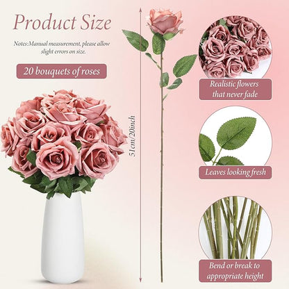 Hotop 20 Pcs Artificial Rose Flowers with Long Stem,Real Touch Silk Realistic Plastic Bouquet Roses Bulk for Home Decor Bridal Wedding Party Table Centerpieces Decorations(Dusty)