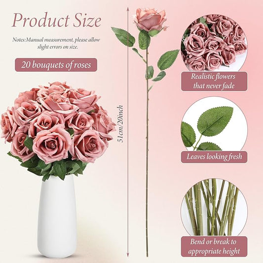Hotop 20 Pcs Artificial Rose Flowers with Long Stem,Real Touch Silk Realistic Plastic Bouquet Roses Bulk for Home Decor Bridal Wedding Party Table Centerpieces Decorations(Dusty)
